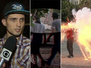 Fábio Raposo aparece ao lado de outro suspeito de lançar o artefato que atingiu o cinegrafista (Foto: Reprodução/TV Globo) Fábio Raposo aparece ao lado de outro suspeito de lançar o artefato que atingiu o cinegrafista (Foto: Reprodução/TV Globo)