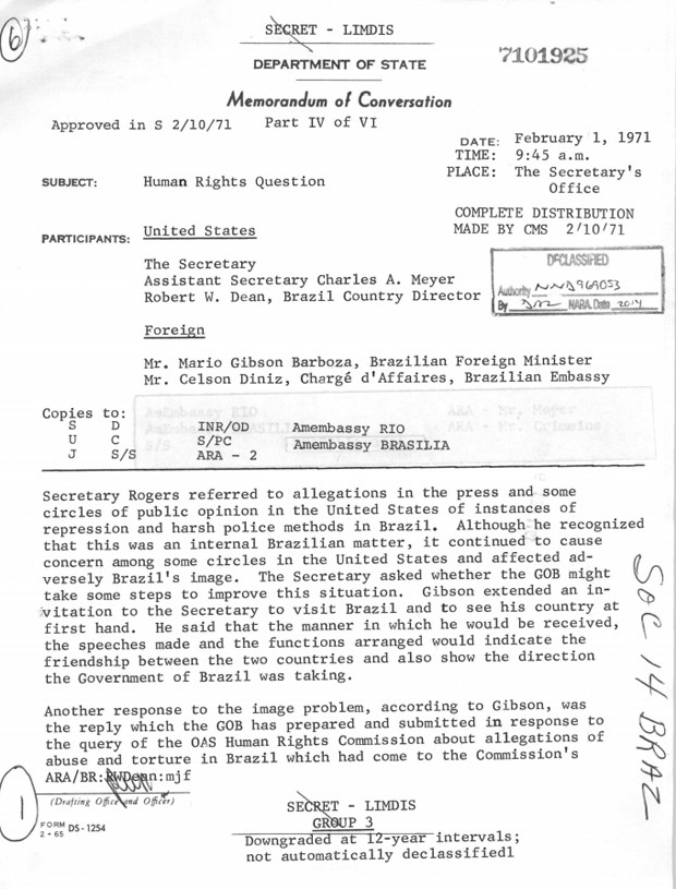 Memorando relata conversa com o ex-ministro das Relações Exteriores Mario Gibson Barboza sobre repressão policial no país (Foto: Reprodução/Department of State/Comissão da Verdade)