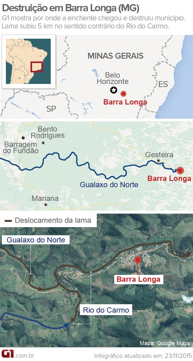 Mapa mostra por onde a lama chegou em Barra Longa (MG) (Foto: Editoria de Arte/G1)