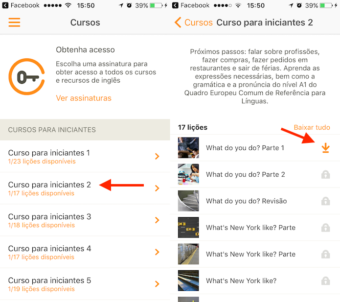 Opção para baixar um curso no aplicativo que ensina idiomas Babbel (Foto: Reprodução/Marvin Costa)