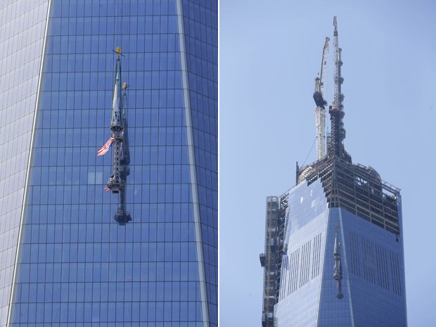 Antena é içada no prédio One World Trade Center, em Nova York (Foto: Seth Wenig/AP)