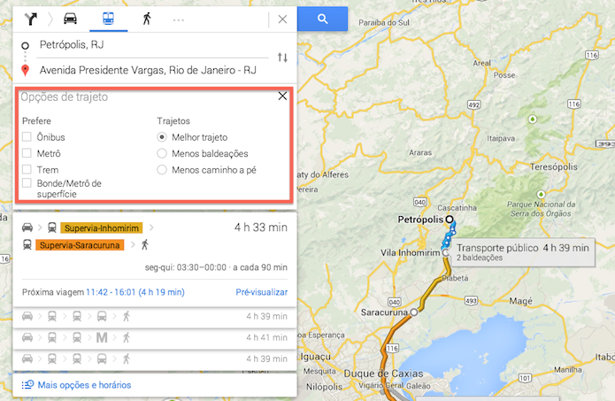 Definindo o meio de transporte e o trajeto adequado em uma rota criada através do Google Maps (Foto: Reprodução/Marvin Costa)