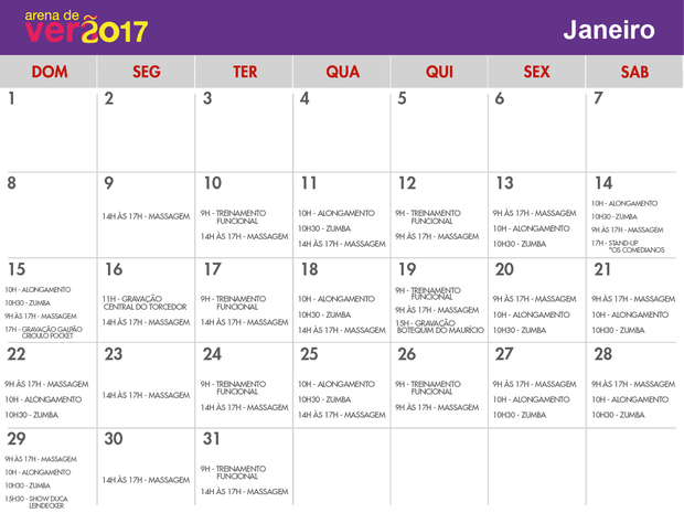 Calendário Arena de Verão 2017 janeiro (Foto: Arte/RBS TV) Calendário Arena de Verão 2017 janeiro (Foto: Arte/RBS TV)