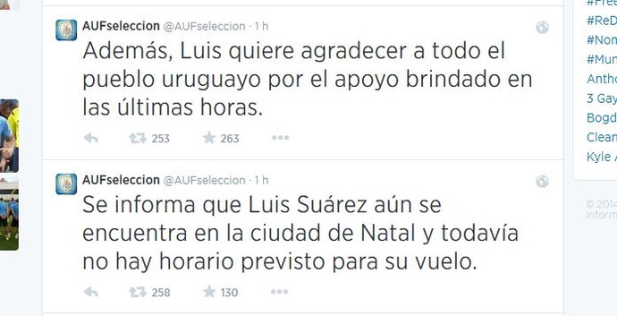 Twitter da Federação uruguaia de futebol garante que Suárez ainda está no Brasil (Foto: Reprodução/Twitter)