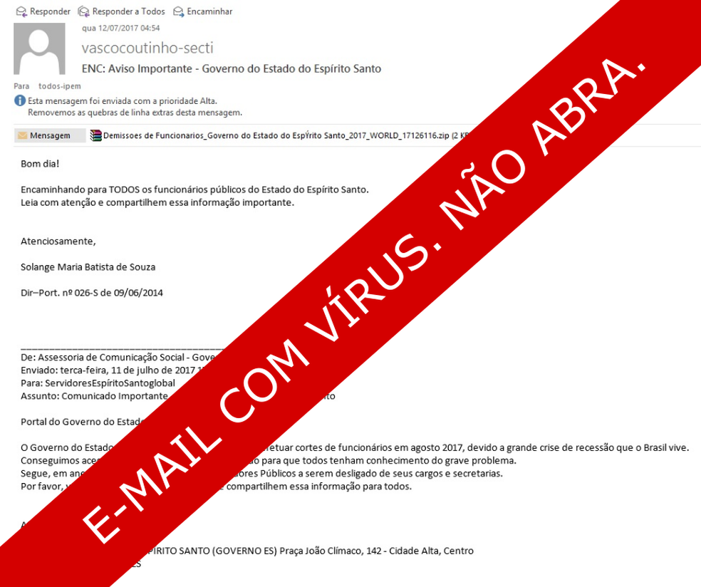 Seger alerta sobre e-mail falso com vÃ­rus (Foto: DivulgaÃ§Ã£o/ Seger)
