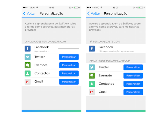 Aguardando o término do vinculo do Facebook com o SwiftKey do iOS (Foto: Reprodução/Marvin Costa)