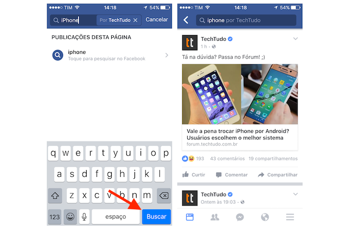 Pesquisando um termo em uma página do Facebook pelo iPhone (Foto: Reprodução/Marvin Costa)