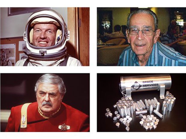 No alto à esquerda, o astronauta Gordon Cooper. No alto, à direita, o engenheiro Bob Shrake. Abaixo, o ator James Doohan e as cápsulas levadas a bordo do Falcon 9. (Foto: AP)