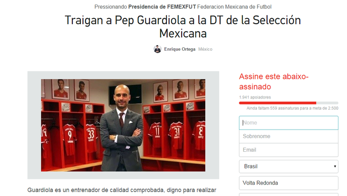 Abaixo-assinado torcedor do México; Guardiola (Foto: Reprodução/Internet)