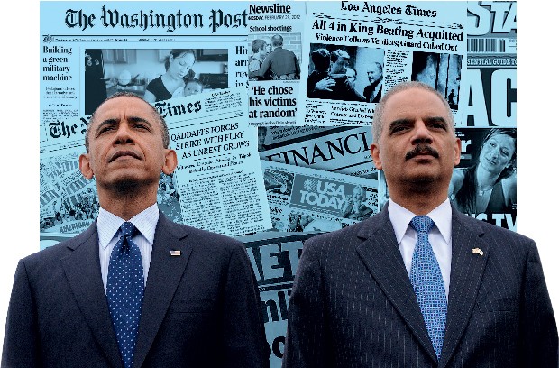 OS SECRETAS O presidente Barack Obama (à esq.) e o secretário de Justiça, Eric Holder, em montagem sobre manchetes de jornais. Eles querem manter tudo sob sigilo (Foto: Olivier Douliery - Pool/Getty Images)