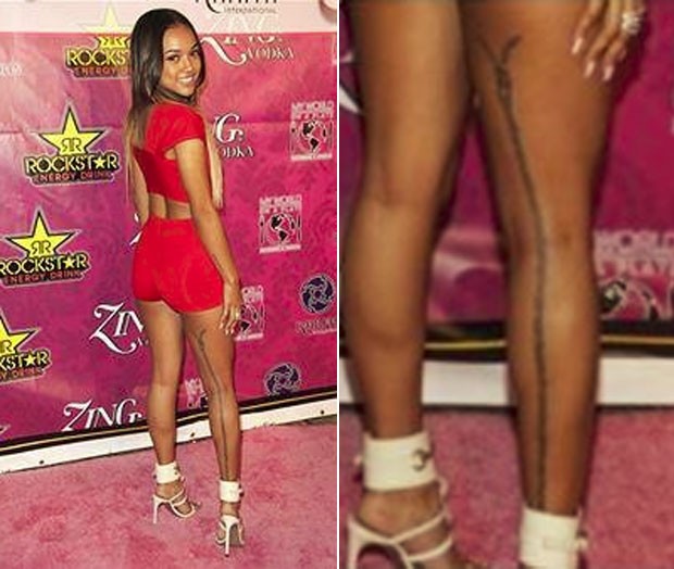 Novo "affair" do rapper americano Chris Brown, a modelo Karrueche Tran exibiu essa semana sua tatuagem irreverente - ela tatuou um fecho de zíper gigande em sua perna direita. A "celebridade" postou a imagem em sua página do Facebook. (Foto: Reprodução/Facebook/Karrueche Tran)