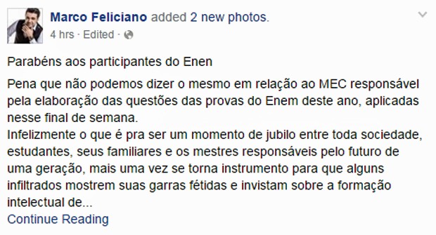 Deputado Marcos Feliciano criticou questão sobre lutas feministas com Simone de Beauvoir no Enem (Foto: Reprodução/Facebook)