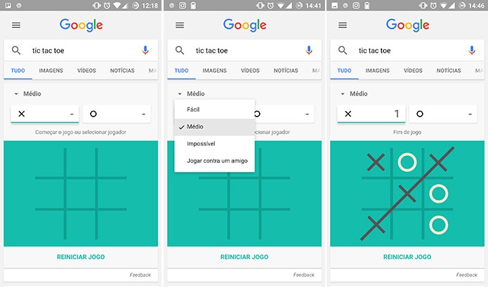 Jogo da Velha ou Tic-tac-toe pode ser acessado na busca do Google (Foto: Reprodução/Elson de Souza)