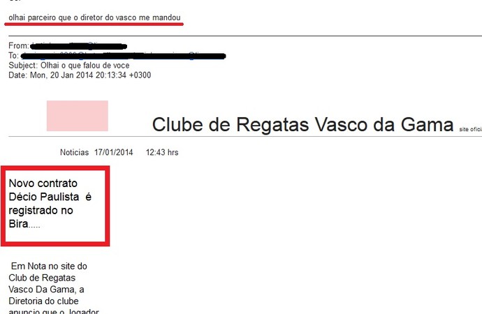 Reportagem falsa em que Décio aparecia como jogador do Vasco (Foto: Reprodução)
