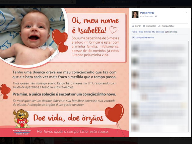 Para incentivar doações de órgãos, mãe faz campanha na internet (Foto: Reprodução/Facebook) Para incentivar doações de órgãos, mãe faz campanha na internet (Foto: Reprodução/Facebook)