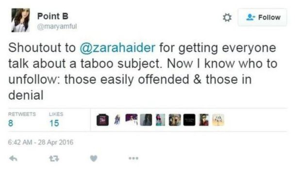 "Crédito à Zara Haider por fazer todos discutirem um assunto tabu. Agora já sei quem não seguir: aqueles facilmente ofendidos e aqueles em negação", escreveu uma usuária do Twitter em apoio à escritora  (Foto: Reprodução/ Twitter L Maryamful/ BBC)