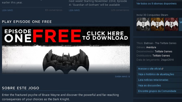 Clique no banner que oferece o episódio grátis antes da descrição de Batman: The Telltale Series (Foto: Reprodução/Rafael Monteiro)
