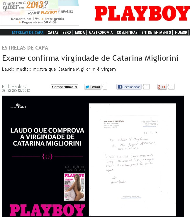Laudo comprova virgindade de Catarina Migliorini (Foto: Playboy/Divulgação)