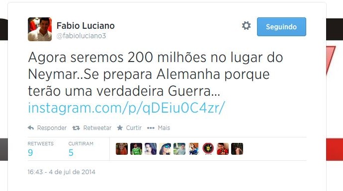 Fábio Luciano foi outro que lamentou a lesão sofrida por Neymar (Foto: Reprodução/Twitter)