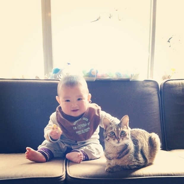 Bebê japonês e seu gato de estimação (Foto: Reprodução / Instagram @makicocomo)