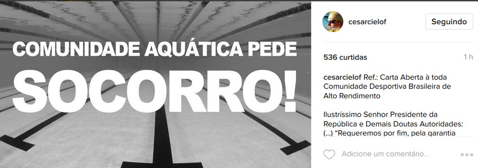 Cesar Cielo pede socorro ao presidente Temer em post (Foto: Reprodição Instagram)