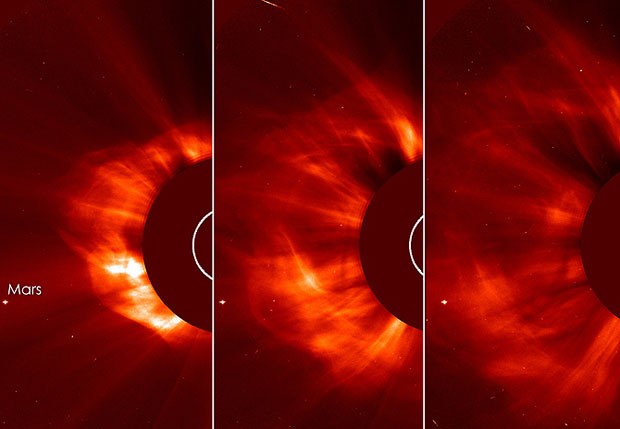 Explosões solares captadas na última quinta-feira (11) por instrumentos da agência espacial americana (Foto: Divulgação/ESA&amp;NASA/SOHO/GSFC)