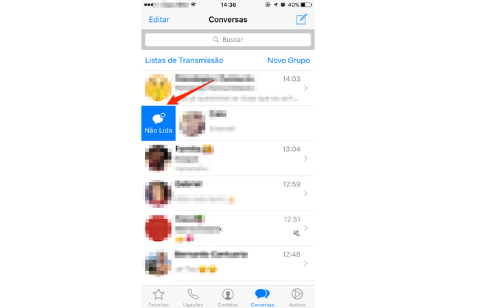 Arraste a tela para o lado direito e marque como Não lida a conversa (Foto: Gabriella Fiszman/ TechTudo)
