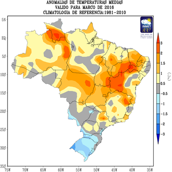 Mapa com os desvios de temperatura média em março de 2016 (Foto: Inmet)