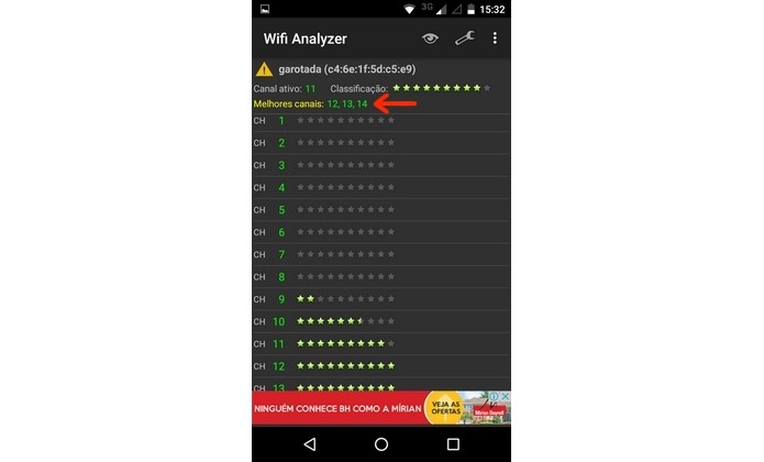 Melhores canais de Wi-Fi identificados pelo Wifi Analyzer (Foto: Reprodução/Raquel Freire
