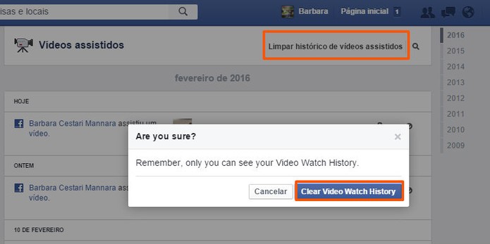 Se preferir limpe o histórico completo de vídeos assistidos no Facebook pelo computador (Foto: Reprodução/Barbara Mannara)