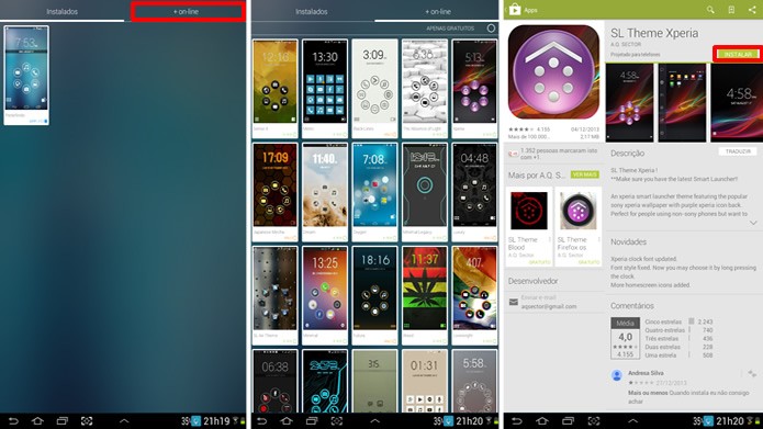 Aperte a aba + Online, escolha os temas e baixe-os pelo Google Play (Foto: Reprodução/Daniel Ribeiro)