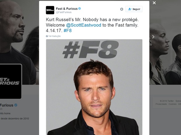 Pefil da franquia &#39;Velozes e Furiosos&#39; anuncia que Scott Eastwood estará no oitavo filme da saga (Foto: Reprodução/Twitter/FastFurious)