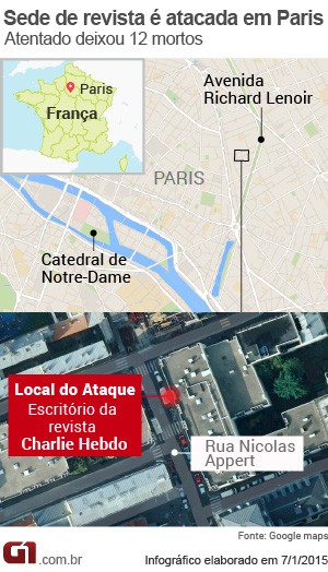 mapa ataque revista paris (Foto: Arte/G1)
