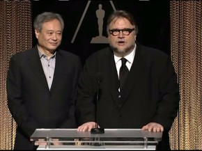 Os diretores Guilhermo del Toro e Ang Lee apresentam alguns dos nomeados ao Oscar 2016. (Foto: Reprodução) Os diretores Guilhermo del Toro e Ang Lee apresentam alguns dos nomeados ao Oscar 2016. (Foto: Reprodução)