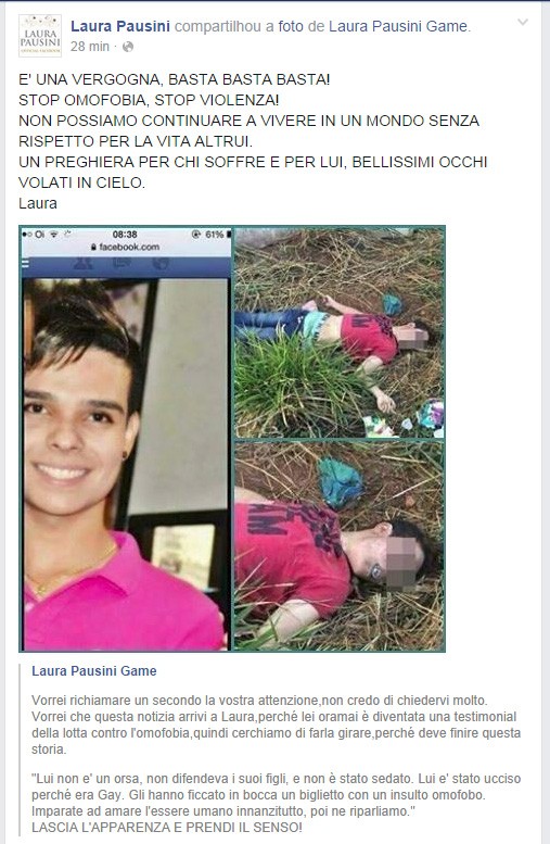 Laura Pausini se manifesta sobre morte de rapaz em Goiás (Foto: Facebook / Reprodução)