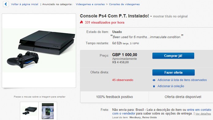 PS4 com P.T. instalado chega a R$ 4,4 mil (Foto: Reprodução/Felipe Vinha)