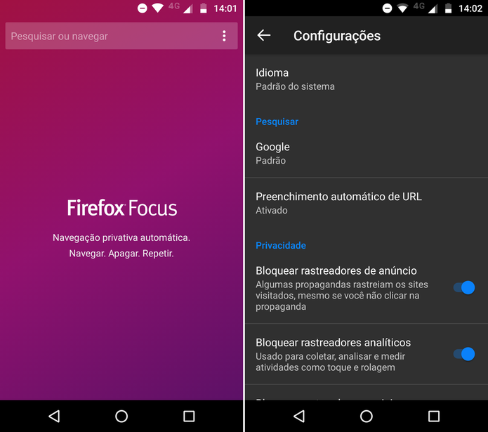 Privacidade em primeiro lugar: Firefox Focus evita rastros na web (Foto: Reprodução/Caio Bersot) Privacidade em primeiro lugar: Firefox Focus evita rastros na web (Foto: Reprodução/Caio Bersot)