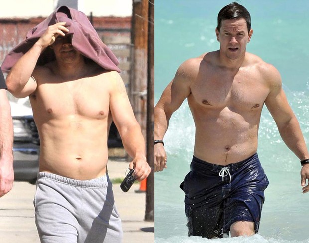 Mark Wahlberg: muitas mudanças de corpo ao longo da carreira. Na foto, ator foi clicado pouco durante um período de ganho de massa e, logo depois, durante o período de "secagem" (Foto: Reprodução)