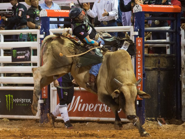 Sábado (23) - Peão segura firme na corda para ficar em cima do touro na arena de Barretos (Foto: Érico Andrade/G1) Sábado (23) - Peão segura firme na corda para ficar em cima do touro na arena de Barretos (Foto: Érico Andrade/G1)