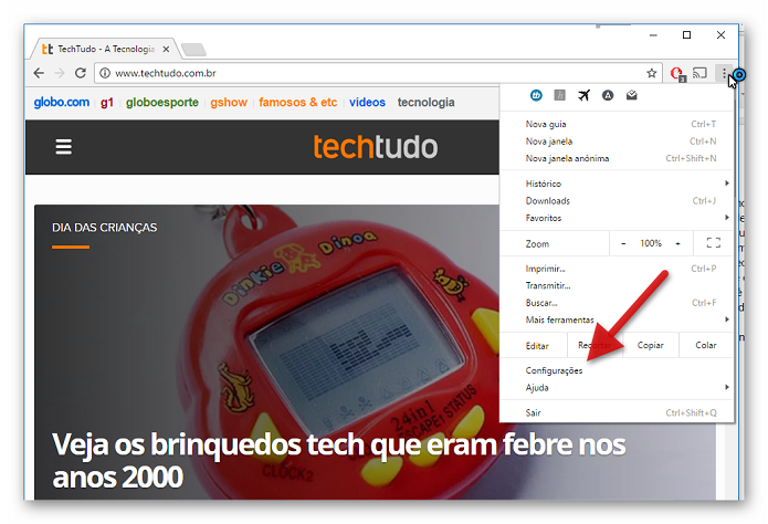 Acessando as configurações do Chrome (Foto: Reprodução/Helito Bijora) Acessando as configurações do Chrome (Foto: Reprodução/Helito Bijora)