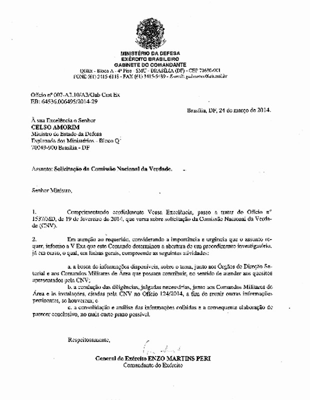Documento enviado pelo comandante do Exército ao ministro da Defesa informando sobre a abertura de investigação para apuração de casos de tortura (Foto: Reprodução)