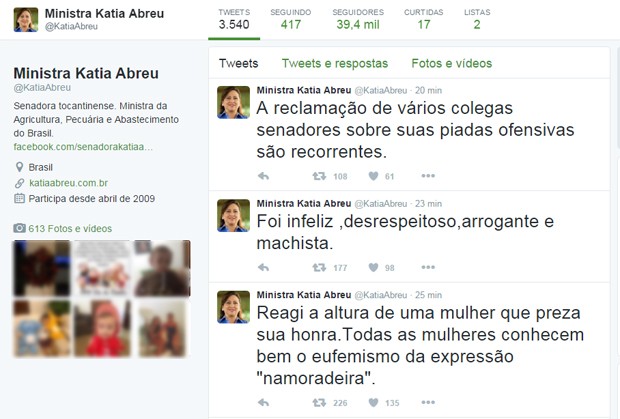 Ministra Kátia Abreu diz no Twitter que reagiu 'à altura' a uma brincadeira de senador (Foto: Reprodução/Twitter)