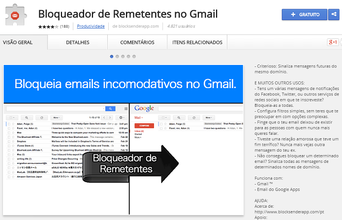 Bloqueador de emails funciona só no Chrome e com o Gmail (Foto: Divulgação/Blocker Sender App) (Foto: Bloqueador de emails funciona só no Chrome e com o Gmail (Foto: Divulgação/Blocker Sender App)) Bloqueador de emails funciona só no Chrome e com o Gmail (Foto: Divulgação/Blocker Sender App) (Foto: Bloqueador de emails funciona só no Chrome e com o Gmail (Foto: Divulgação/Blocker Sender App))