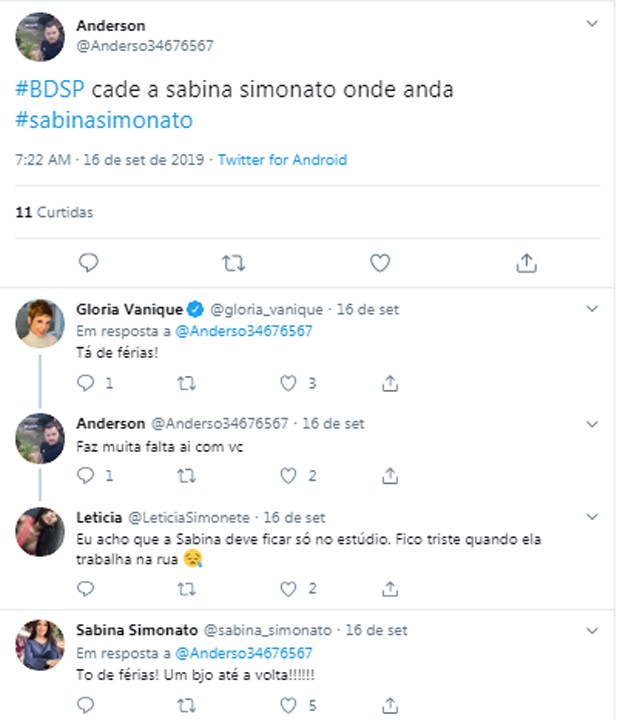 Público lamenta falta de Sabina Simonato (Foto: Reprodução/Twitter) Público lamenta falta de Sabina Simonato (Foto: Reprodução/Twitter)