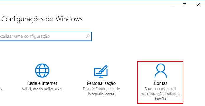 Acessando a opção "Contas" nas configurações do Windows (Foto: Reprodução/Edivaldo Brito) Acessando a opção "Contas" nas configurações do Windows (Foto: Reprodução/Edivaldo Brito)