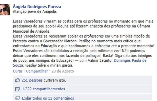 Juiz manda professora retirar post no Facebook contra vereadores em Anápolis, Goiás (Foto: Reprodução/Facebook)