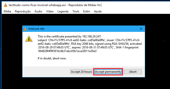 Visualizando e aceitando o certificado do Chromecast (Foto: Reprodução/Edivaldo Brito)