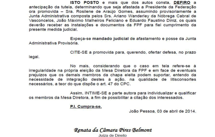 decisão rosilene gomes afastamento federação paraibana de futebol (Foto: Reprodução / Justiça da Paraíba)