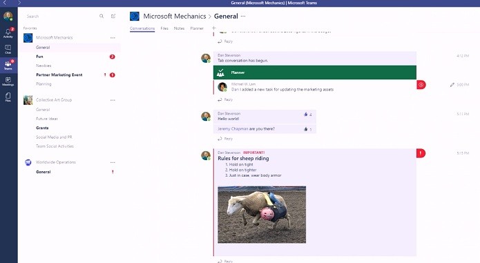 Exemplo de como funciona a interação entre os colaboradores no Microsoft Teams (Foto: Reprodução/Microsoft)