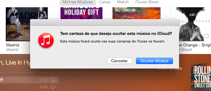 Ocultando música da biblioteca do iCloud (Foto: Reprodução/Helito Bijora) Ocultando música da biblioteca do iCloud (Foto: Reprodução/Helito Bijora)